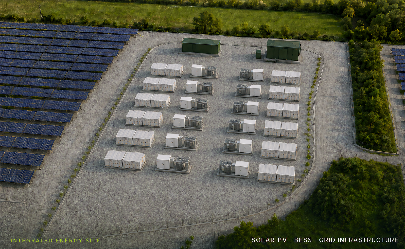 Aerial three-dimensional view of a solar and battery hybrid energy site with battery containers, PCS skids and substations